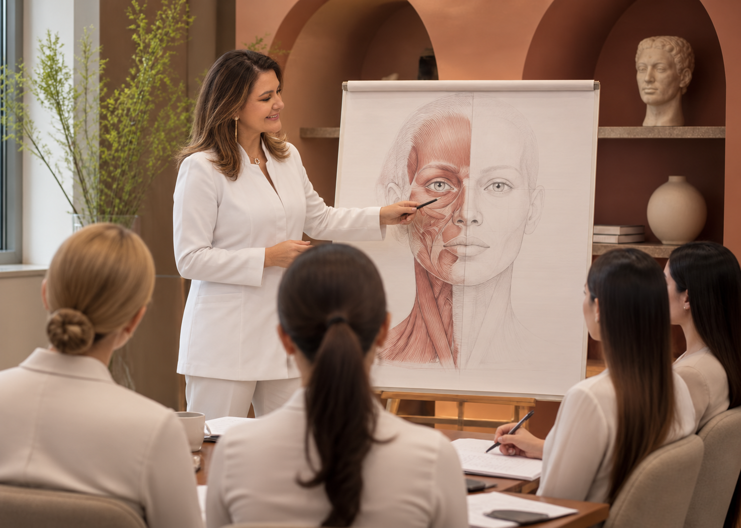 Dra. Mariana Magalhães ensinando profissionais em uma aula de Harmonização Facial